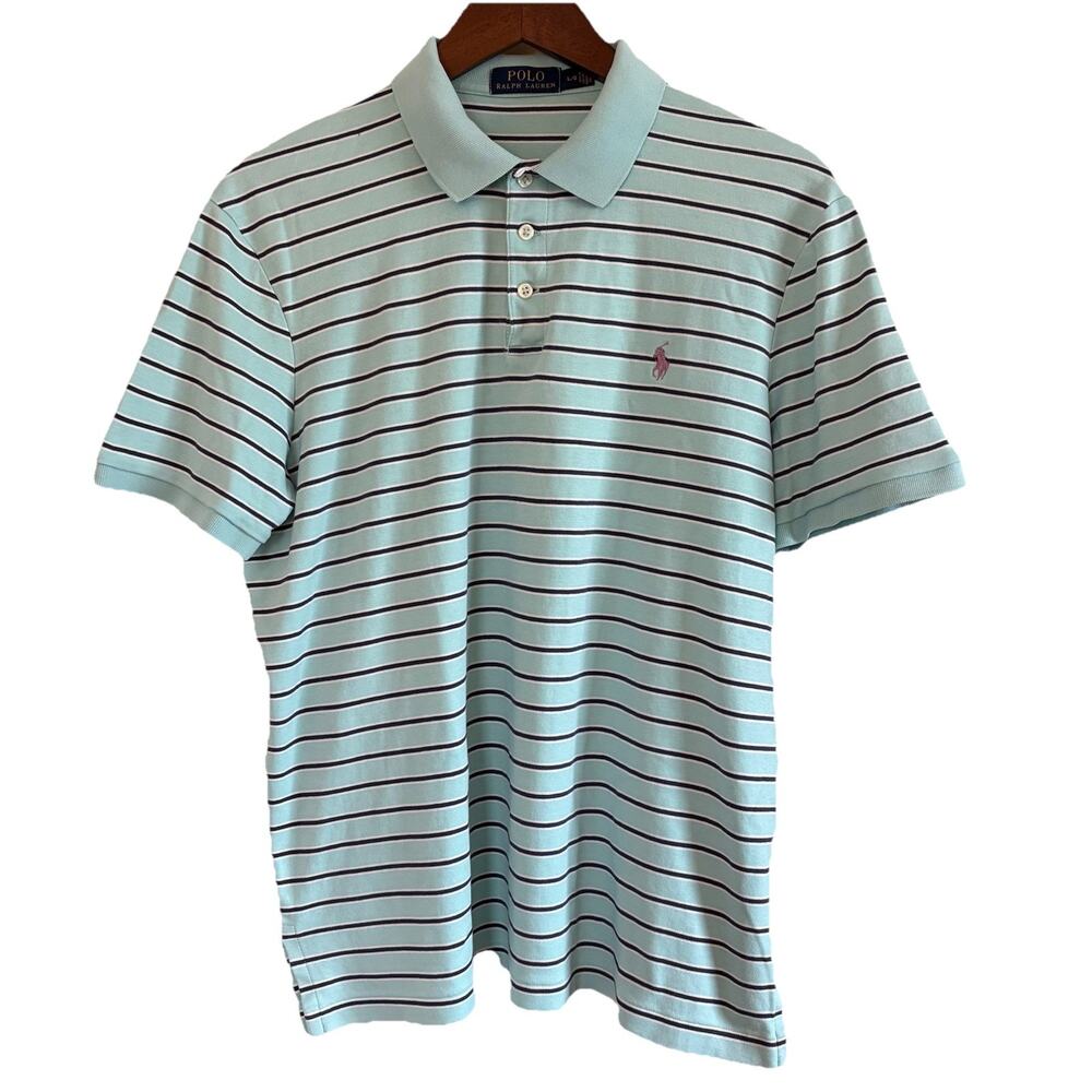 Polo Ralph Lauren Men’s Large Polo Shirt Light Blue Stripe 100% Cotton Pony